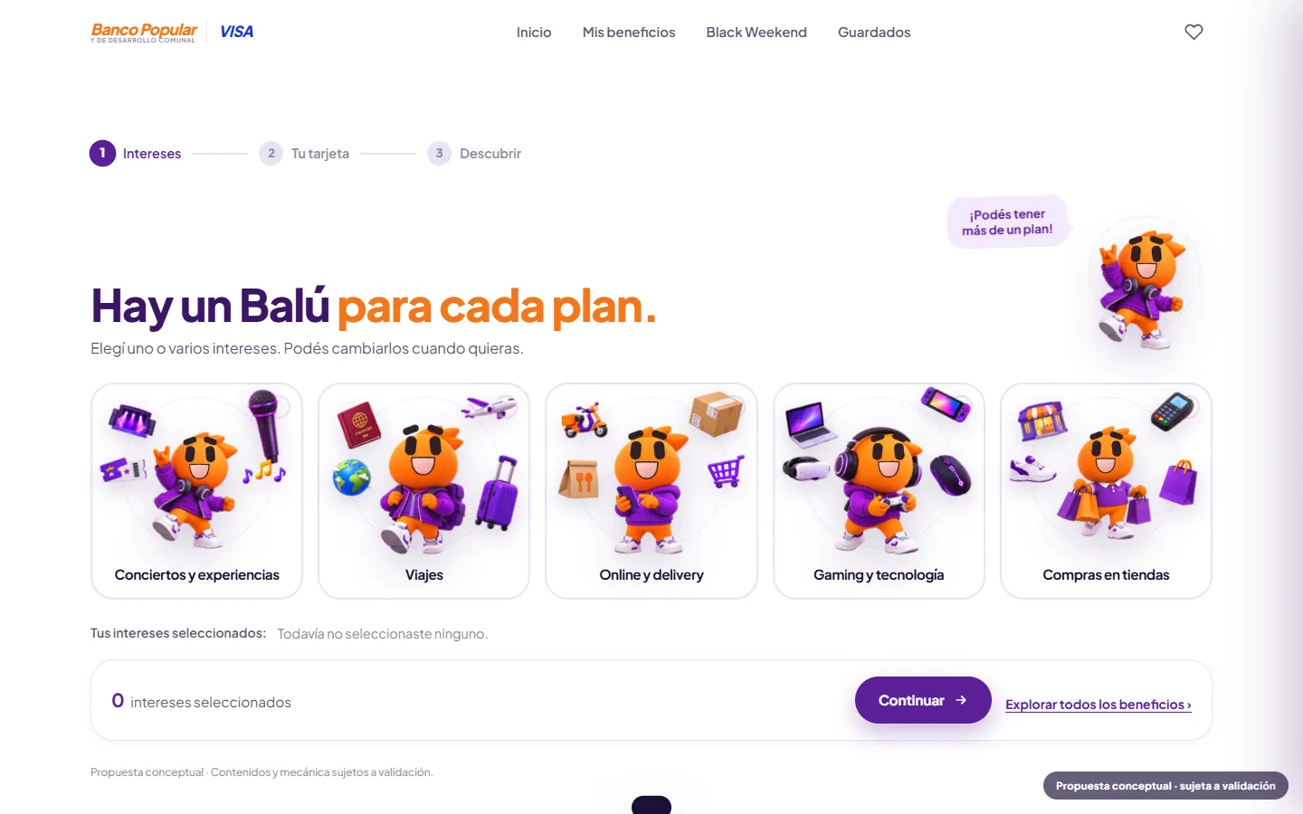 Selector de intereses, paso 1 de 3
