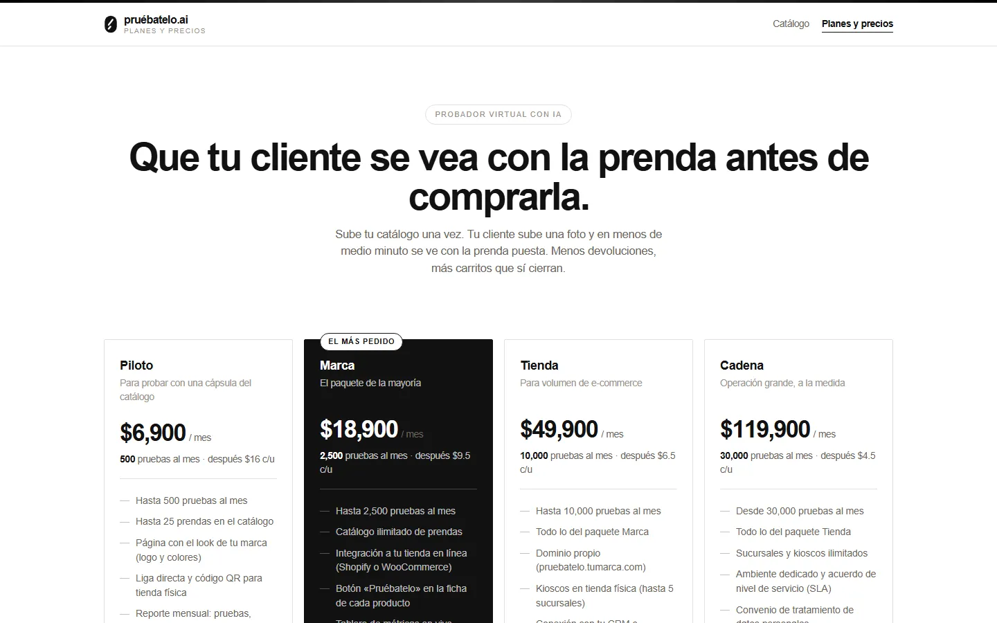Paquetes de Pruébatelo.ai para marcas: Piloto, Marca, Tienda y Cadena