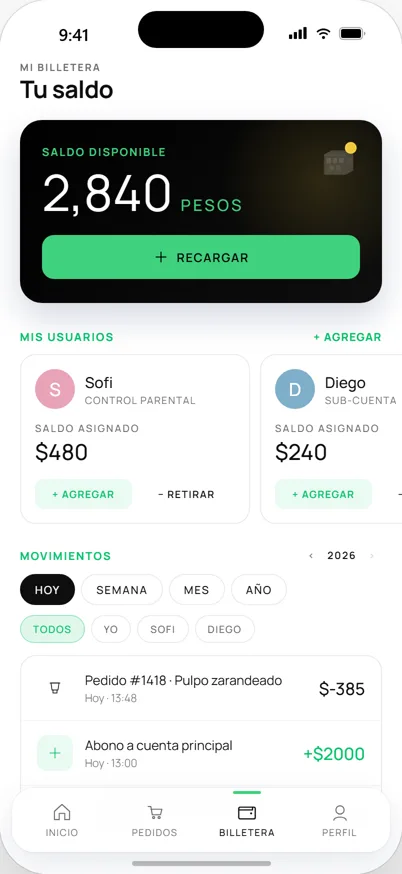 Billetera con saldo y usuarios de la familia