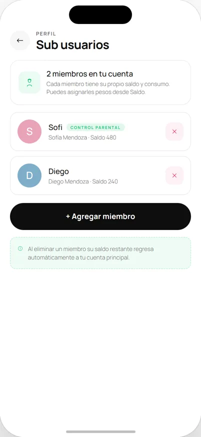 Miembros de la cuenta con control parental