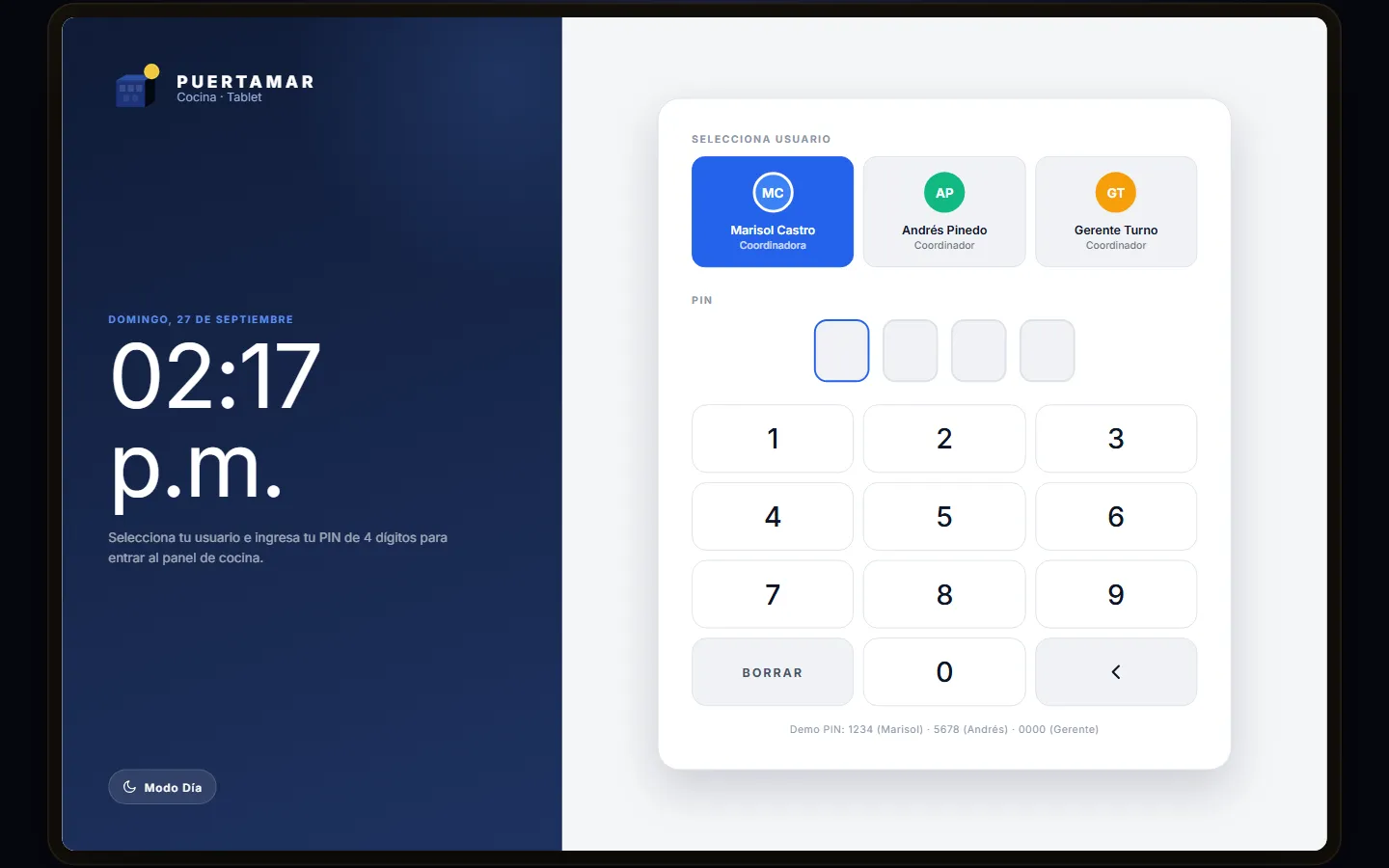 App de cocina: entrada con PIN por coordinador