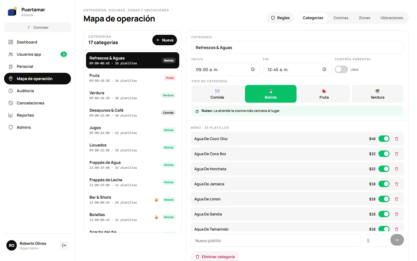 Mapa de operación: categorías, horarios y menú por cocina