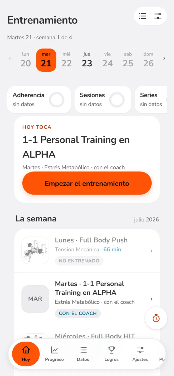 Pantalla de hoy en RAFFIT con el entrenamiento que toca