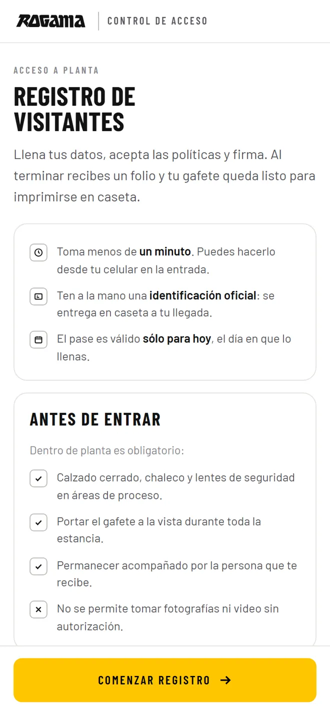 Registro desde el celular del visitante